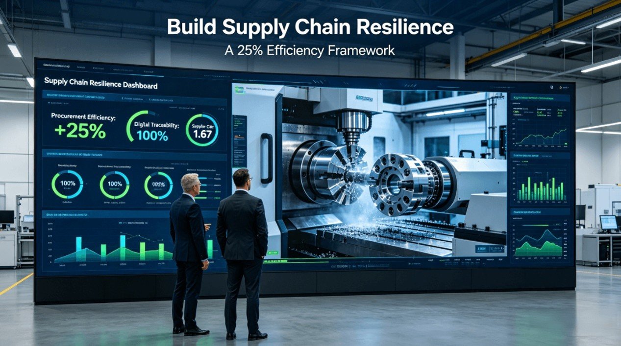 Global supply chain and manufacturing leaders monitor a live dashboard showing 25% procurement efficiency gains and full digital traceability, with a real-time feed of a CNC milling machine, in a modern industrial command center.