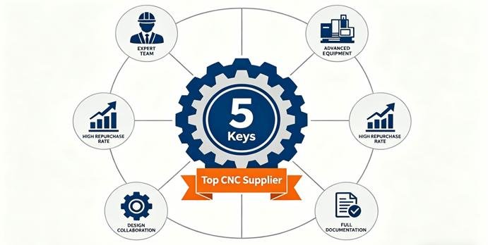 Infographic illustrating the 5 critical dimensions for evaluating a CNC machining supplier: Expert Team, Advanced Equipment, High Repurchase Rate, Design Collaboration, and Full Documentation.